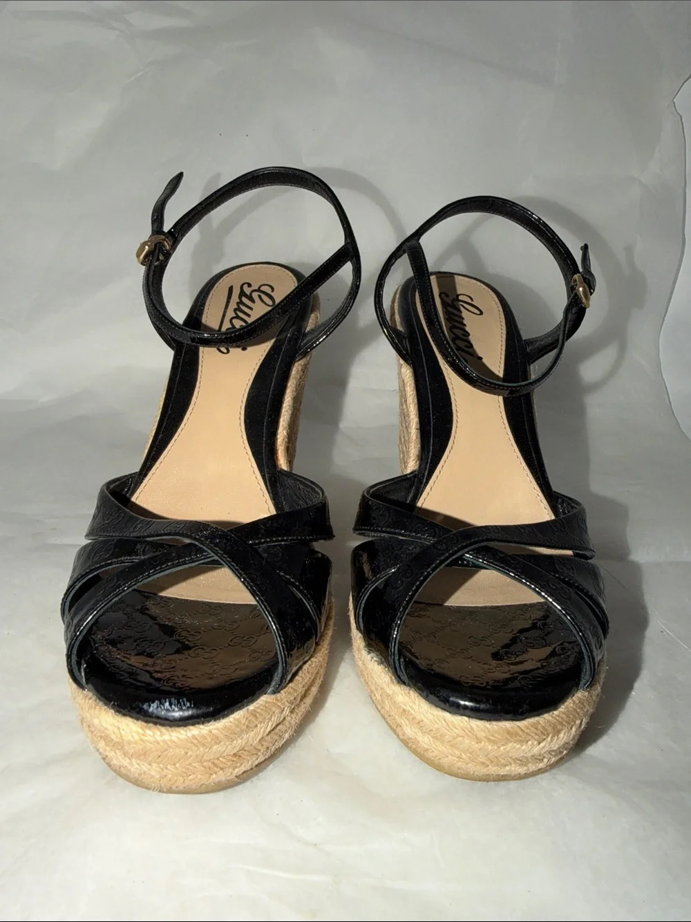 Gucci Black Patent Leather Wedge Espadrille Sandals with Jute Platform Size 36.5